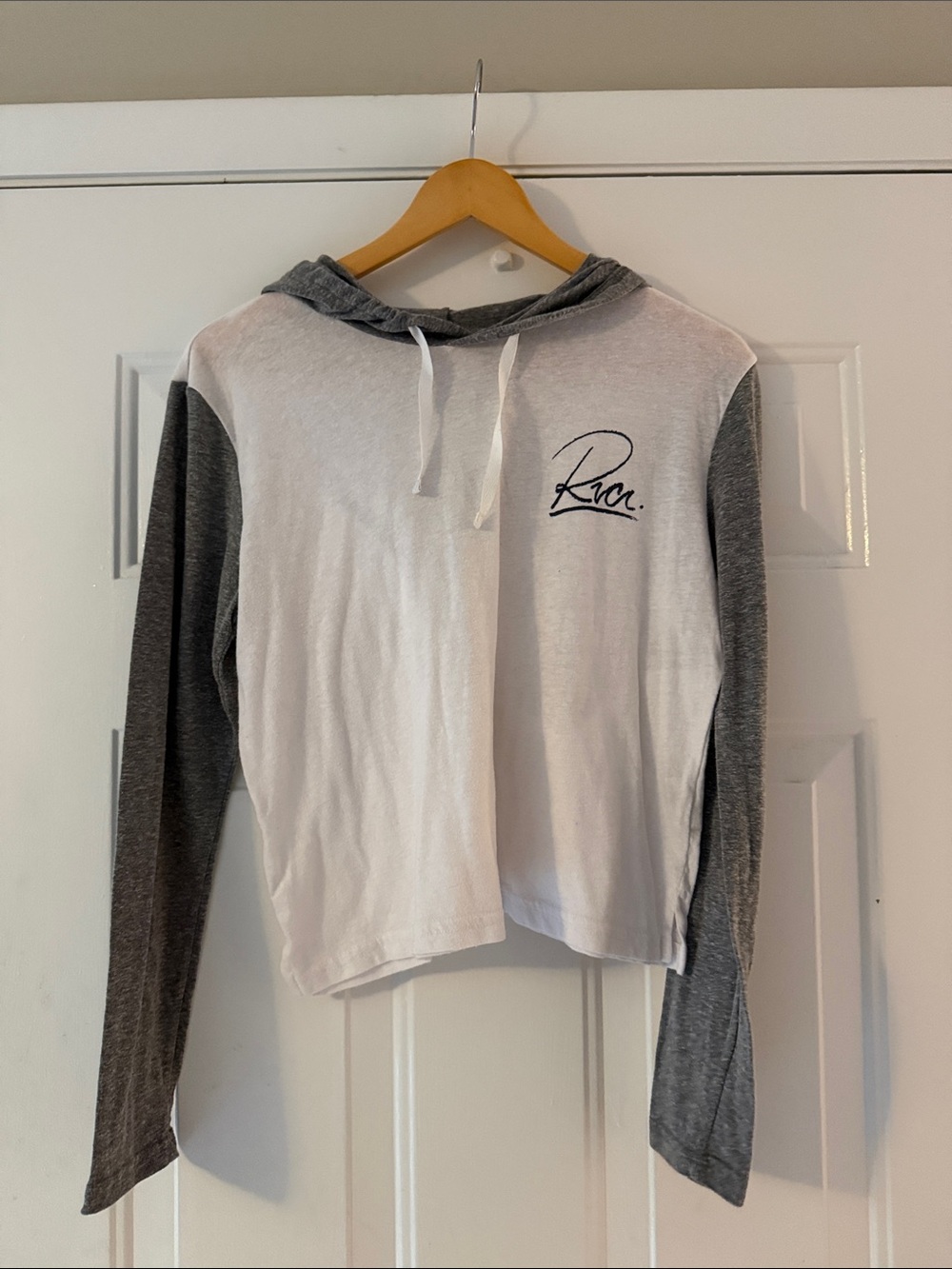 RVCA White and Gray Hooded Crop Top with Logo